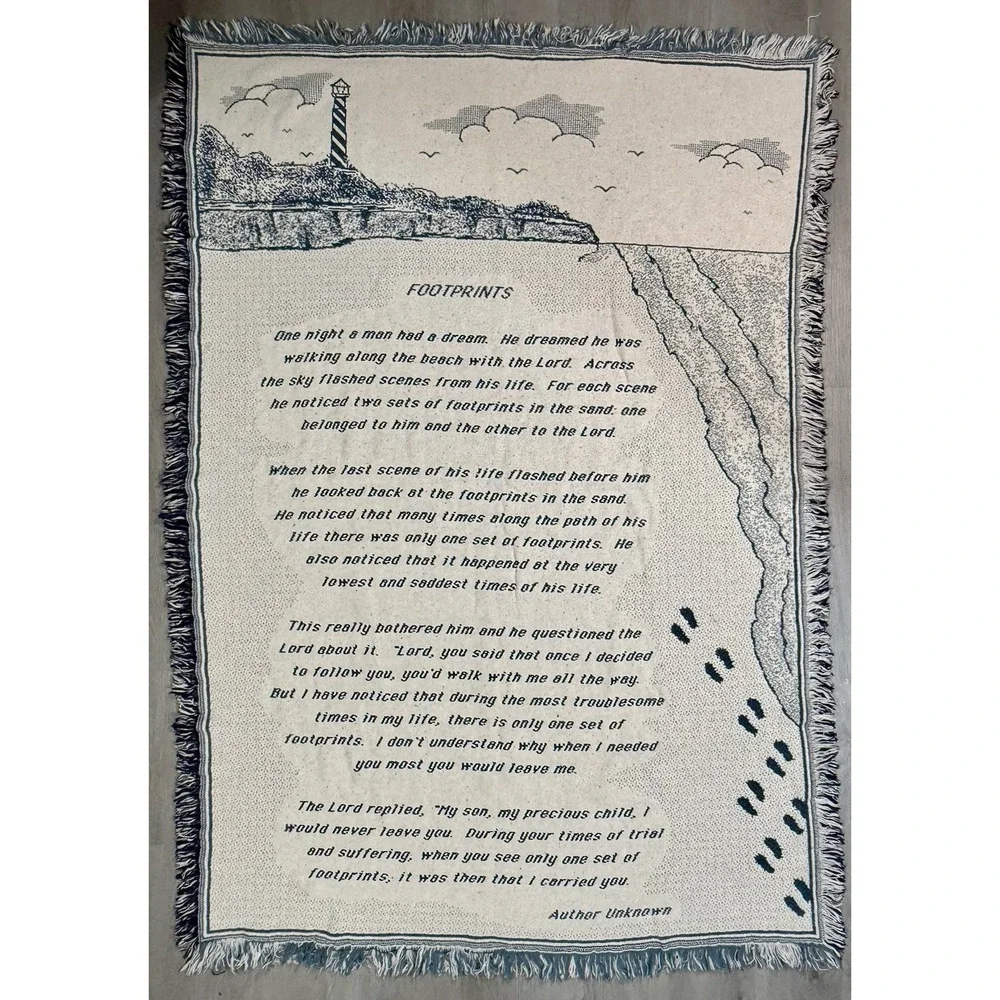 Vintage Tapestry Woven Throw Blanket Footprints In The Sand Lighthouse 66 X 46
